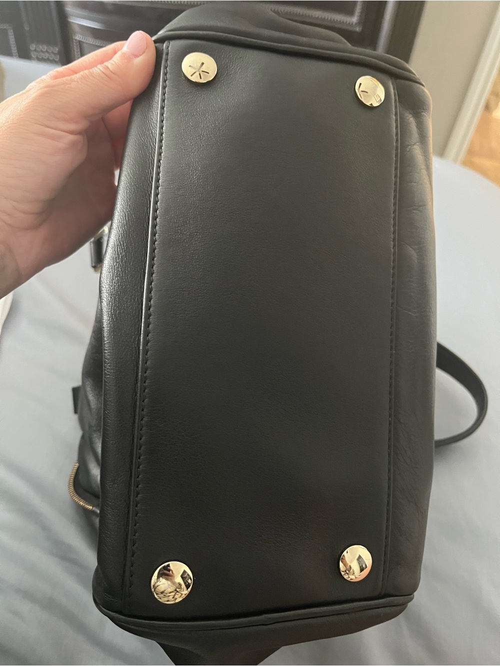 Two-Tone Black and Taupe Leather Satchel - Chic Women's Handbag - Picture 7 of 11